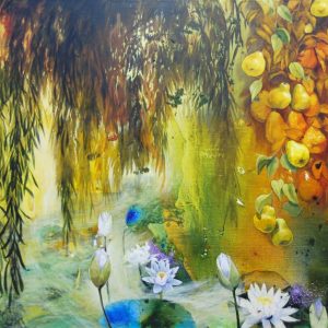 Original Abstract Wild Bush Painting of Lily Pond and the Pear Tree
